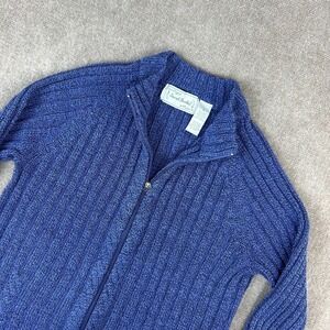 Sarah Bentley Cardigan Sweater Womens Large Blue Ribbed Knit Mock Neck Full Zip